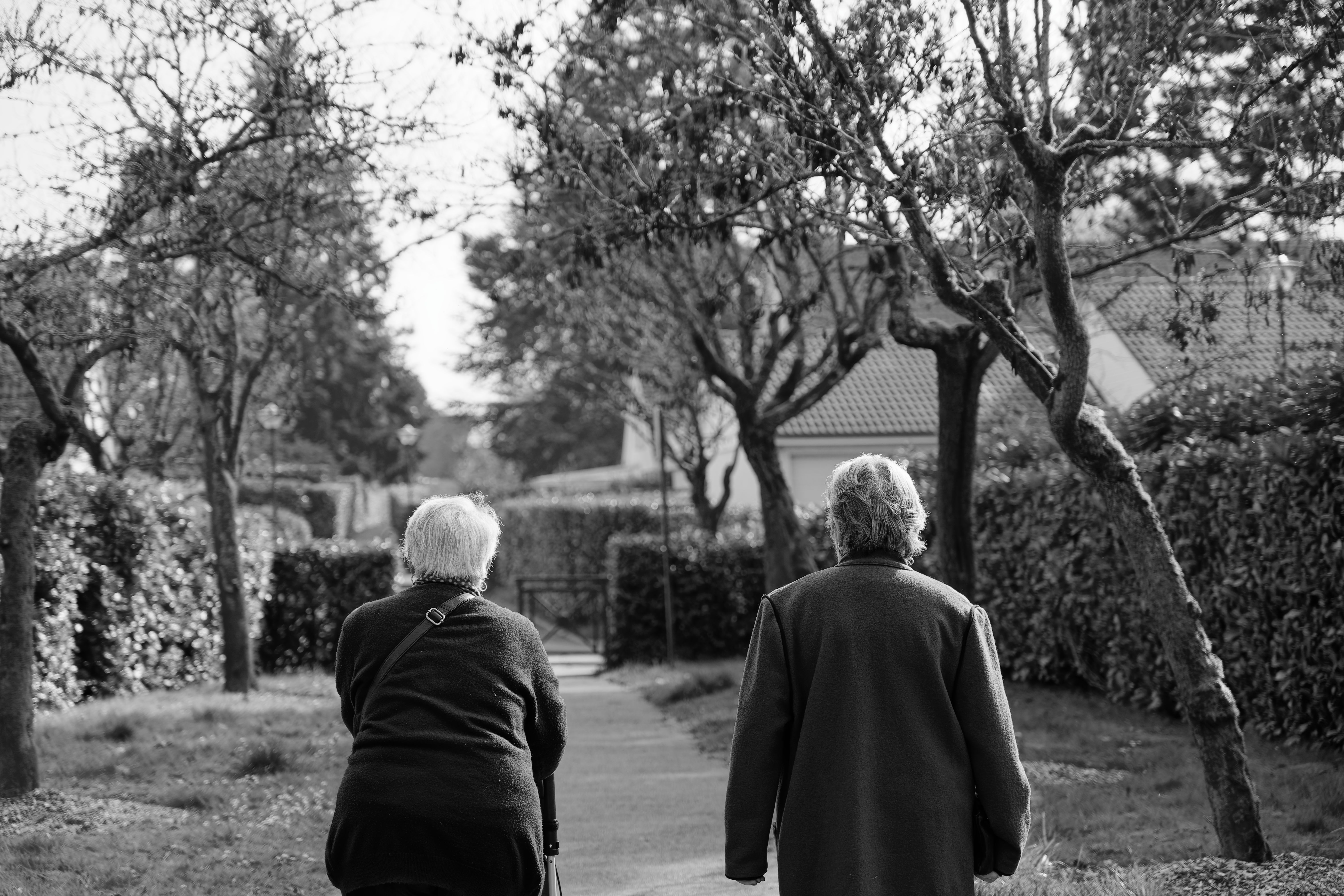 Two older adults walking together along a path